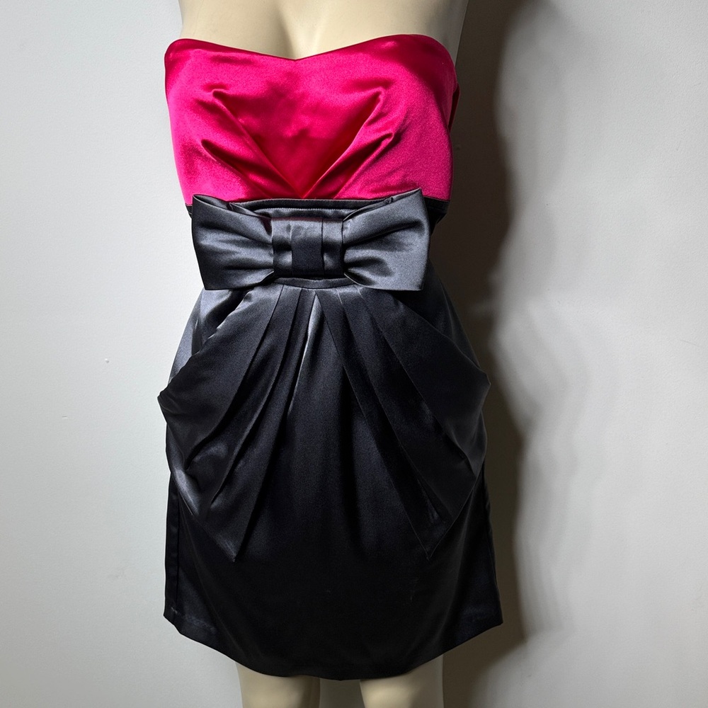Teeze Me Strapless Satin Mini Dress in Hot Pink and Dark Grey